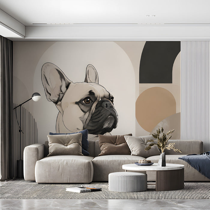 An elegant home office space featuring the artistic bulldog wallpaper pattern on a feature wall behind a desk.