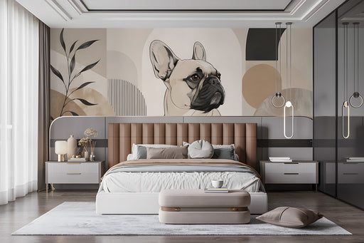 A cozy bedroom featuring the French Bulldog mural as a modern backdrop behind a cream-colored sofa.