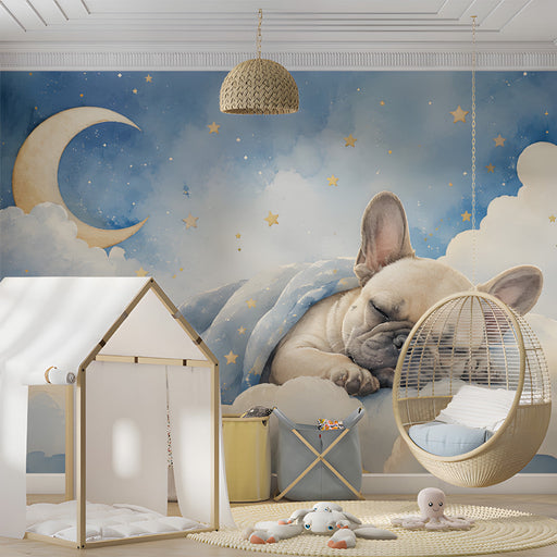 Playful dog wall art installed in a children's bedroom with soft blue decor accents