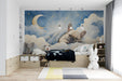 Whimsical sleeping puppy wallpaper in a modern neutral nursery with soft wooden crib