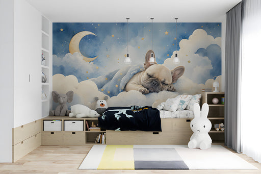 Whimsical sleeping puppy wallpaper in a modern neutral nursery with soft wooden crib