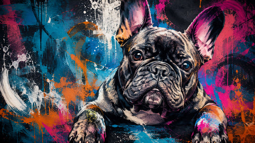 Vibrant graffiti street art mural featuring a realistic French bulldog surrounded by neon blue, pink, and orange paint splatters.