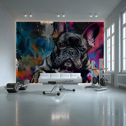 A modern gym featuring the French bulldog mural as a statement wall behind a sleek dark sofa.