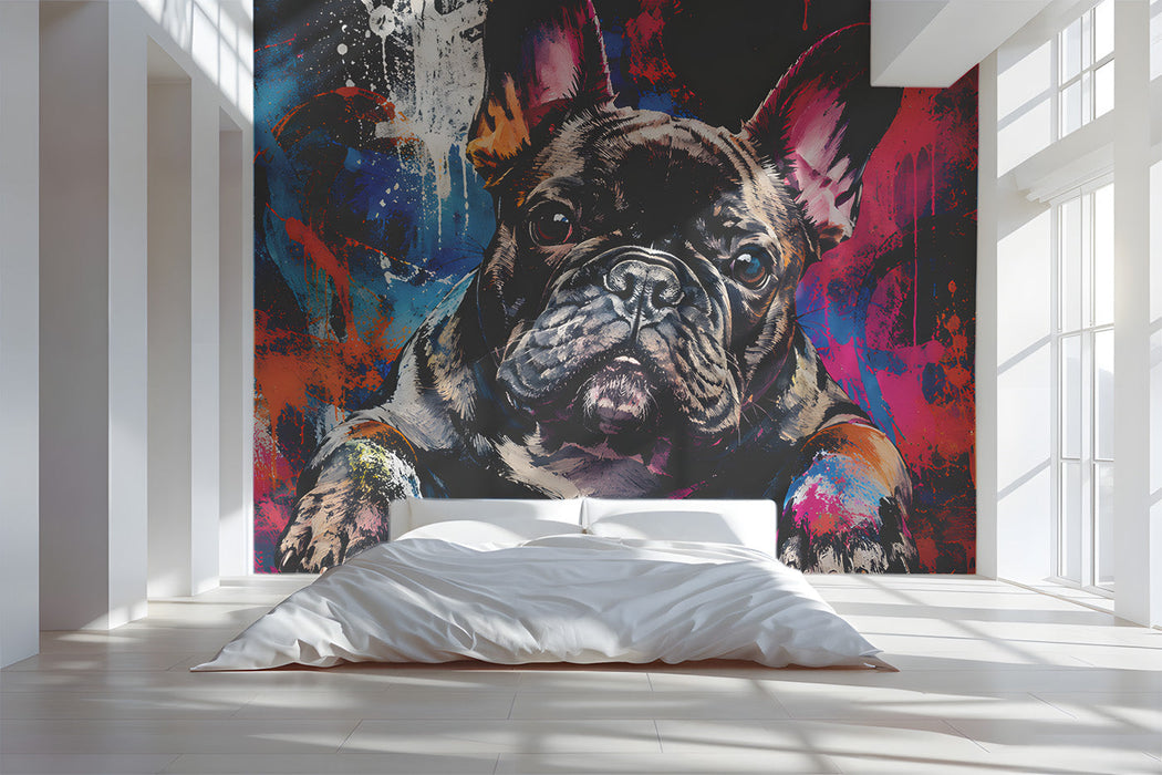 A creative bedroom space with the street art bulldog wallpaper, highlighting the energetic colors and urban style.
