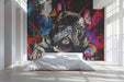 A creative bedroom space with the street art bulldog wallpaper, highlighting the energetic colors and urban style.