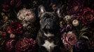 Oil painting style wallpaper featuring a French bulldog surrounded by dark burgundy and cream peonies.