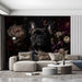 Sophisticated commercial room wall covered in a deep-toned peony and canine mural.