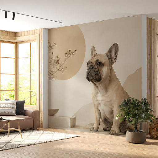 Living room wall decor with minimalist desert landscape mural in soft beige and charcoal