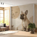 Living room wall decor with minimalist desert landscape mural in soft beige and charcoal