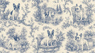A toile de jouy mural wallpaper featuring blue French Bulldog illustrations and floral garden motifs on a cream background.