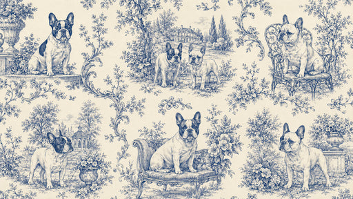 A toile de jouy mural wallpaper featuring blue French Bulldog illustrations and floral garden motifs on a cream background.