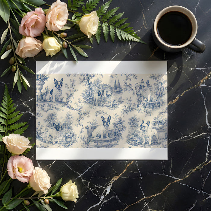 A cozy home office space decorated with vintage-style French Bulldog toile mural wallpaper.