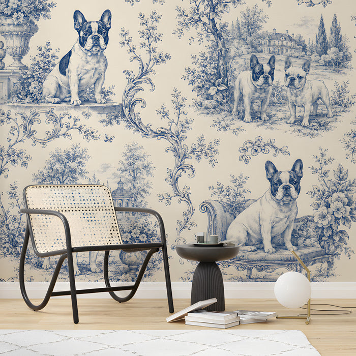 A charming guest bedroom with French Bulldog patterned walls and traditional cream furniture.