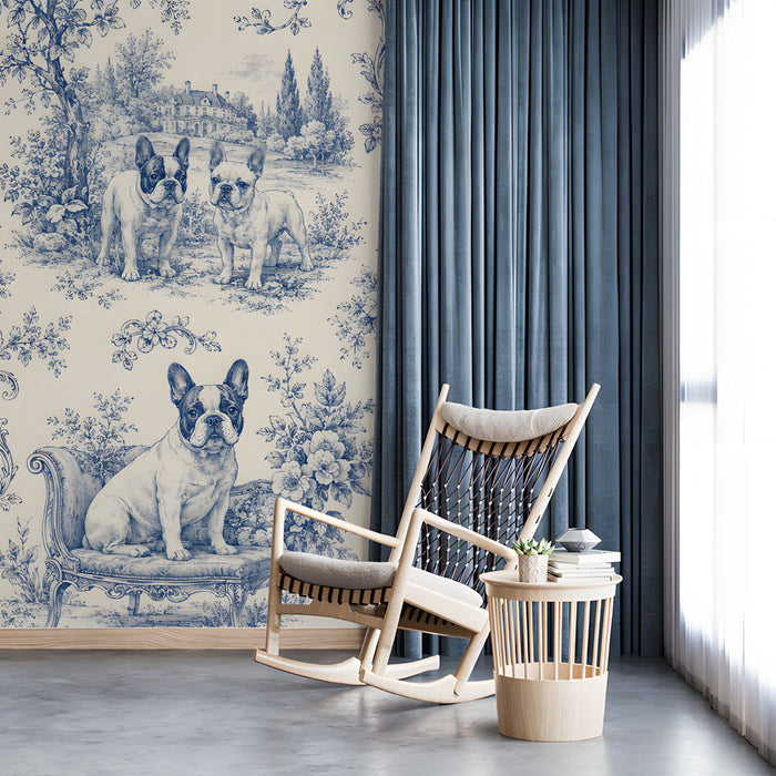 A classic powder room featuring blue French Bulldog toile wallpaper with antique brass fixtures.