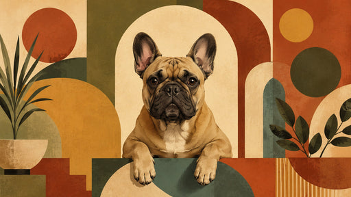 A stylized French bulldog mural with geometric arches, ochre, terracotta, and forest green shapes.