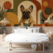 A stylish bedroom hall showcasing a mid-century inspired French bulldog wallpaper pattern.