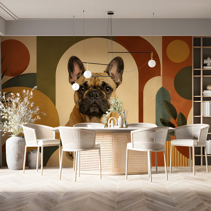 A cozy home office featuring a French bulldog mural behind a walnut wood desk.