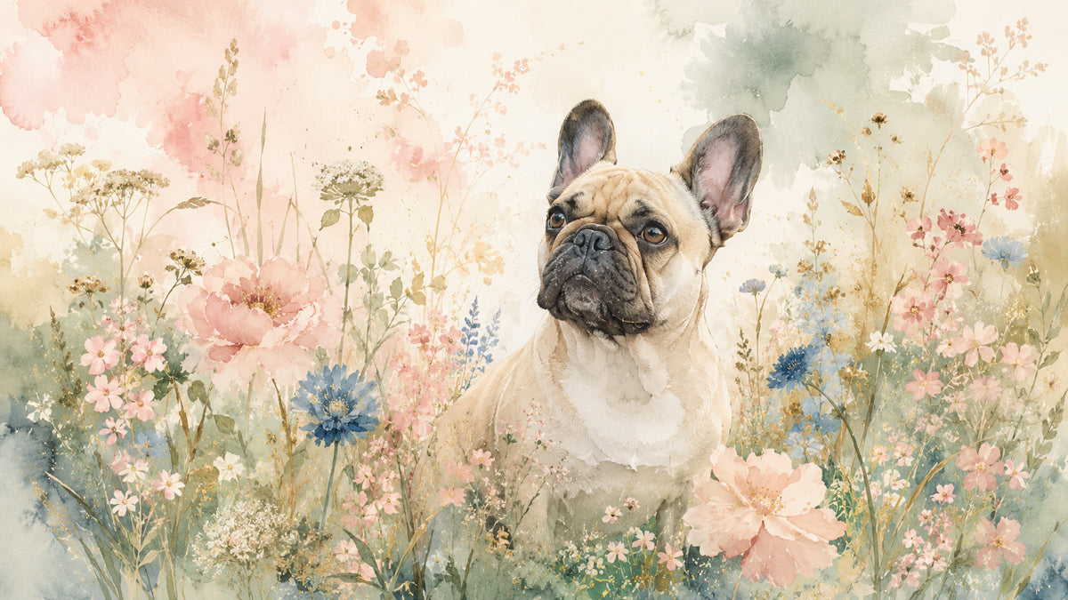 Watercolor style mural of a tan French bulldog sitting in a field of soft pink, blue, and green wildflower illustrations.