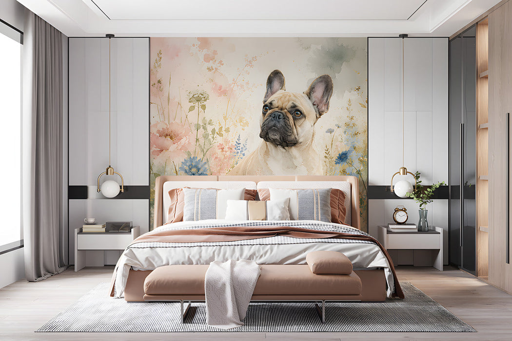 French bulldog floral wallpaper installed in a cozy bedroom with light oak furniture.