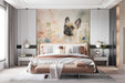 French bulldog floral wallpaper installed in a cozy bedroom with light oak furniture.