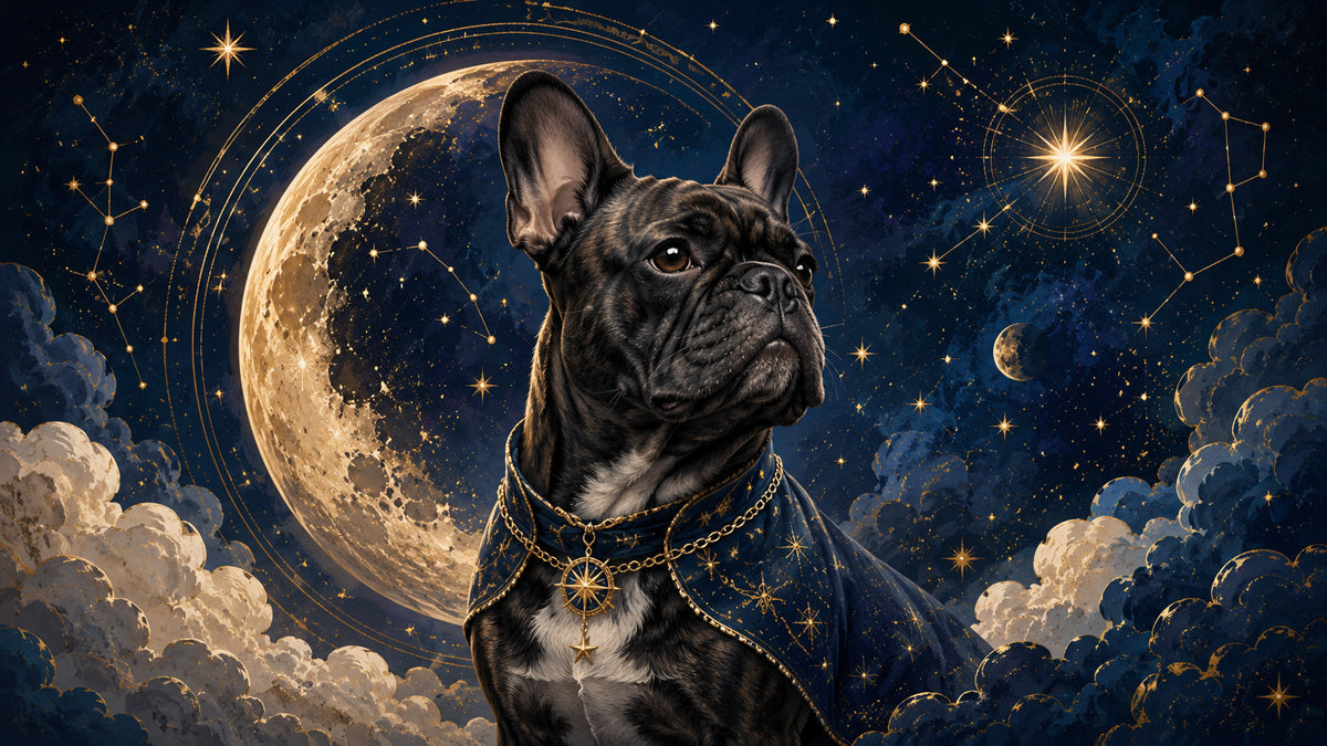 A dark, moody mural showing a French bulldog wearing a celestial cape before a large, golden moon and starry night sky.