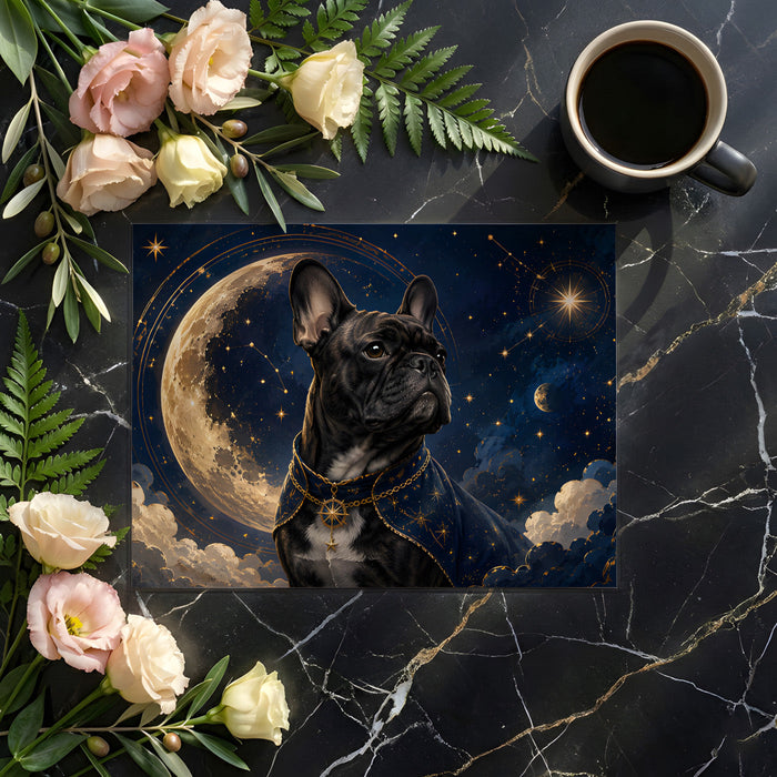 A nursery wall decorated with the night sky dog mural, accented by velvet soft furnishings.