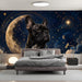 A sophisticated bedroom space featuring the French bulldog celestial mural as a statement wall.