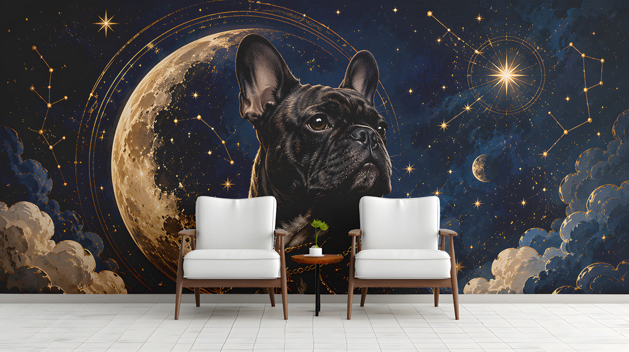 A cozy entryway wall featuring the celestial dog mural behind a dark wood bed frame with warm gold lighting.