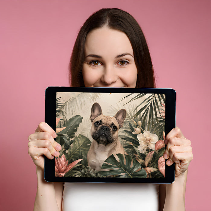A sunny home office with a tropical bulldog wall mural creating a relaxed and inspiring workspace.