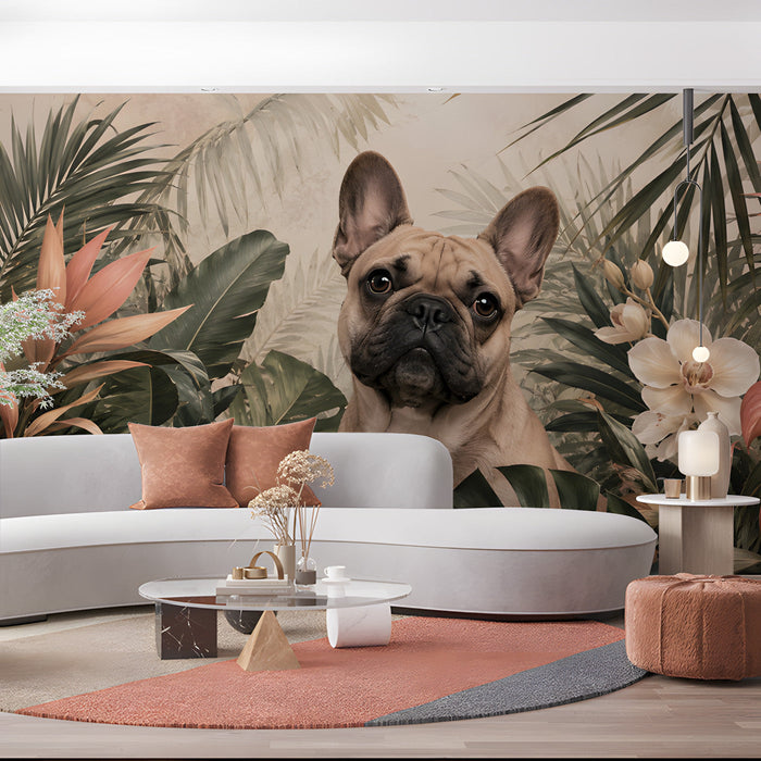 A bright living room decorated with the French bulldog botanical wallpaper on a feature wall.