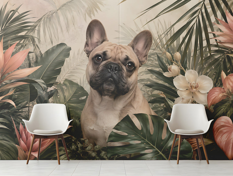 A cozy reading nook featuring the French bulldog jungle mural as a playful backdrop behind a velvet armchair.