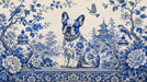 A wall mural featuring a French Bulldog with floral blue and white chinoiserie patterns, pagodas, and birds.