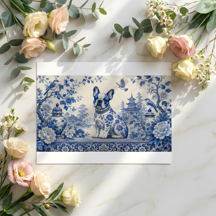 A bright, elegant living room featuring a statement chinoiserie mural wall with a French bulldog motif.