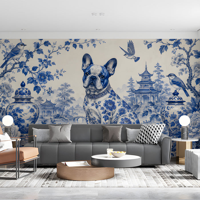 A stylish home office with a classic blue and white floral mural and traditional furniture.