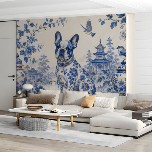 A sophisticated living room with a blue and white chinoiserie mural wall behind a dark wood table.