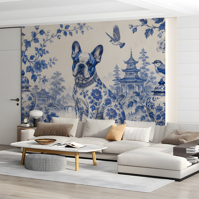 A sophisticated living room with a blue and white chinoiserie mural wall behind a dark wood table.