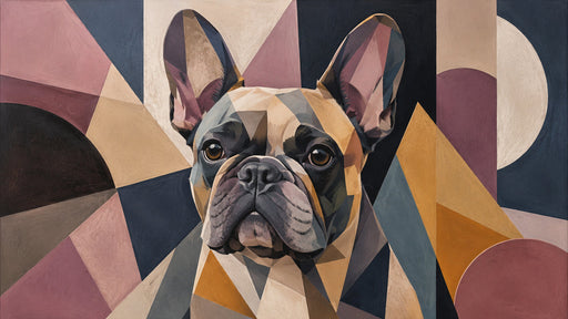 A geometric stylized French bulldog face rendered in ochre, mauve, and charcoal gray triangles.