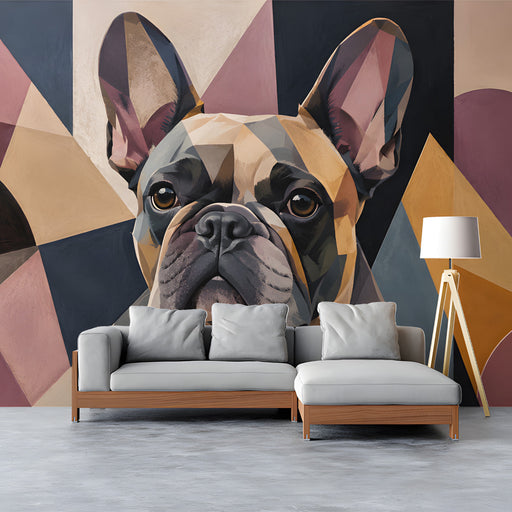 A cozy cinema room corner showing the faceted dog portrait wallpaper design.