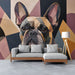 A cozy cinema room corner showing the faceted dog portrait wallpaper design.