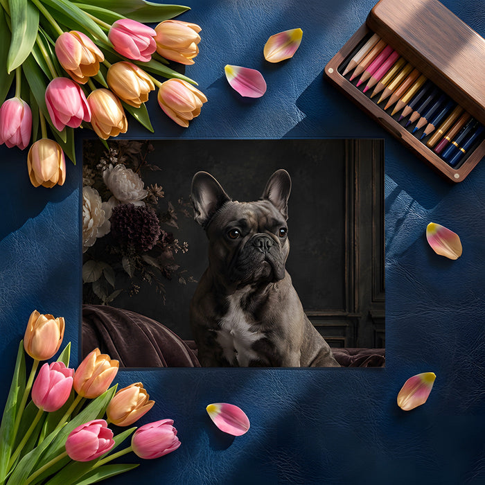 French bulldog floral wallpaper scene in a cozy master bedroom behind a velvet headboard.