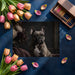 French bulldog floral wallpaper scene in a cozy master bedroom behind a velvet headboard.