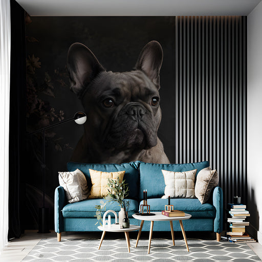 Elegant mural wall art in a study with wood panelling and low lighting.