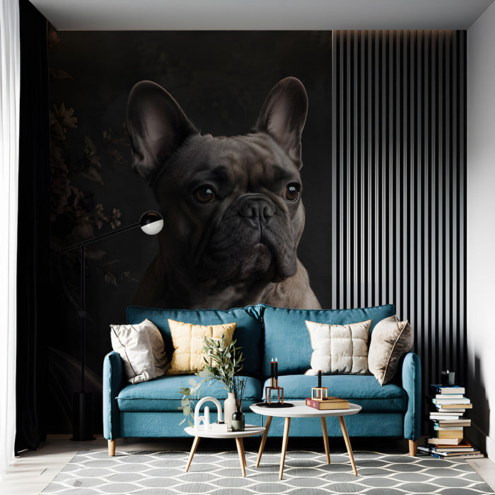 Elegant mural wall art in a study with wood panelling and low lighting.