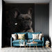 Elegant mural wall art in a study with wood panelling and low lighting.