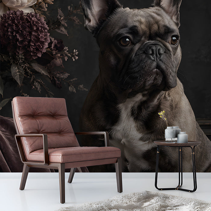 Moody floral and pet mural installed in a sophisticated home office with leather furniture.