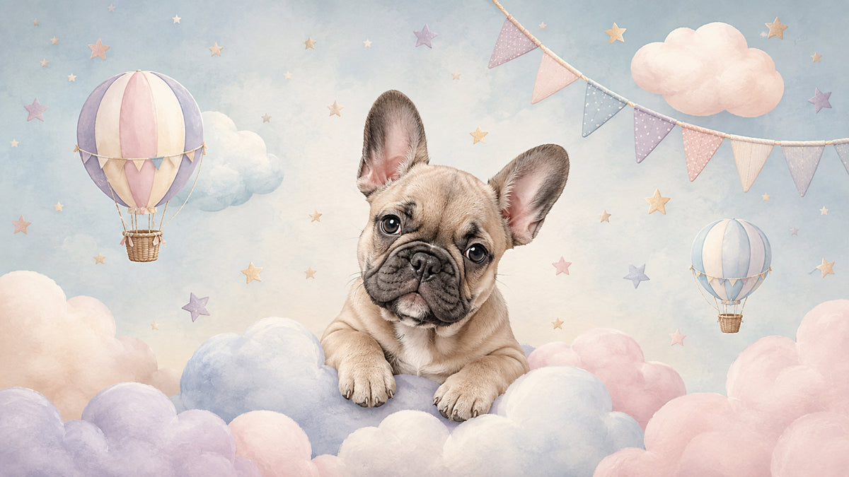 Whimsical illustration of a French bulldog puppy resting on pastel blue and pink clouds with hot air balloons and gold stars