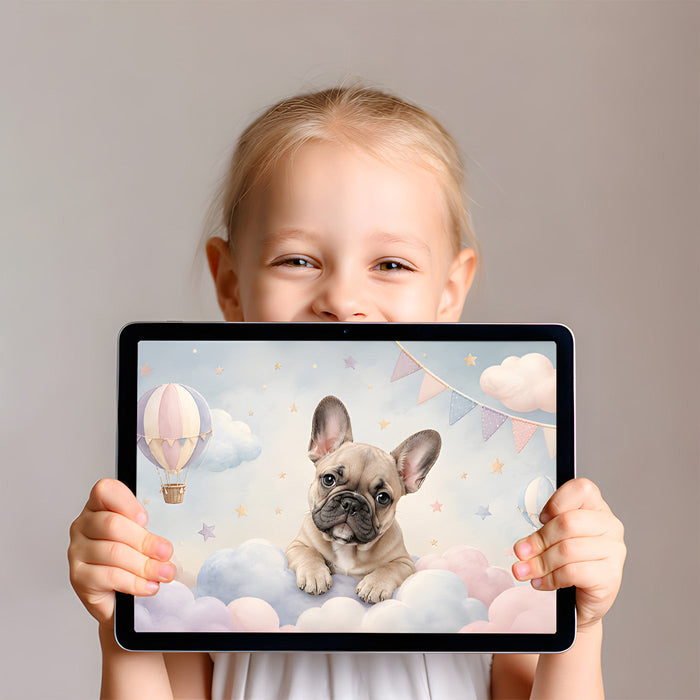 A playful kid’s bedroom with a charming French bulldog mural creating a gentle focal point above a white toy chest