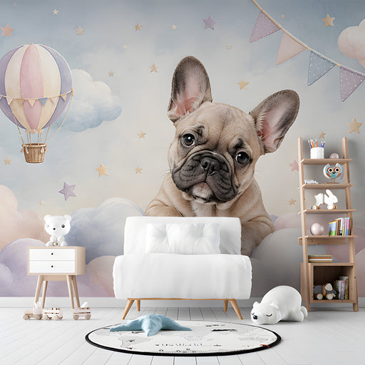 A bright playroom interior showcasing a soft pastel cloud wallpaper with floating hot air balloons and puppy motifs
