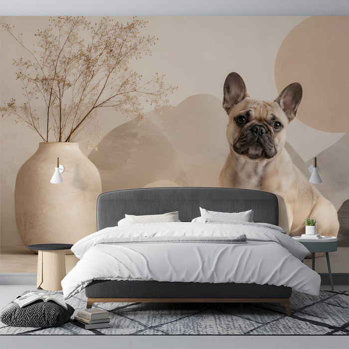 Calm bedroom workspace featuring a geometric landscape wallpaper with a large abstract sun