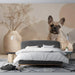 Calm bedroom workspace featuring a geometric landscape wallpaper with a large abstract sun